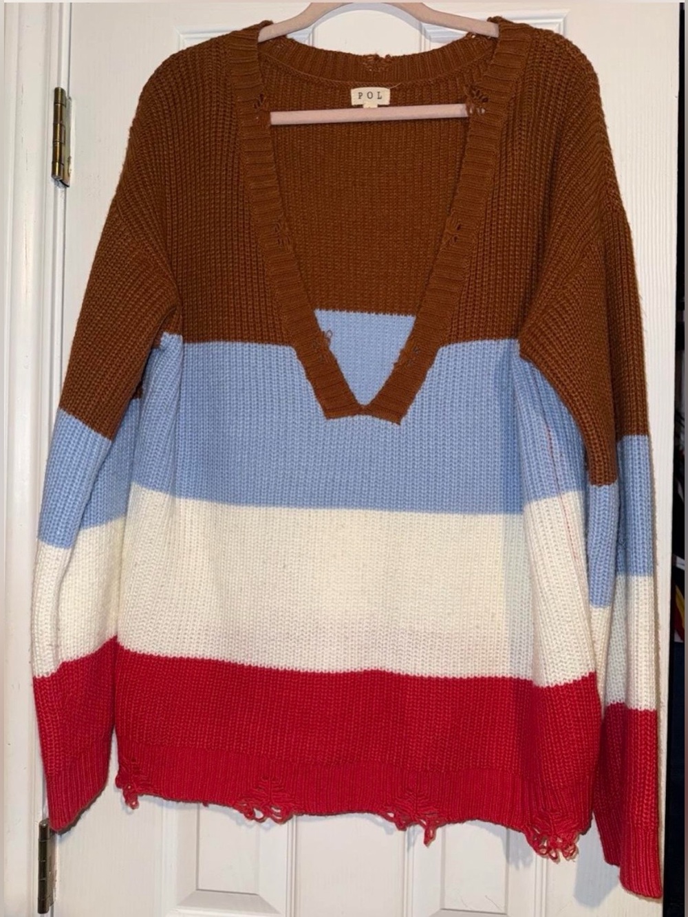 POL Striped V-Neck Oversized Sweater — Brown, Light Blue, Cream, Red